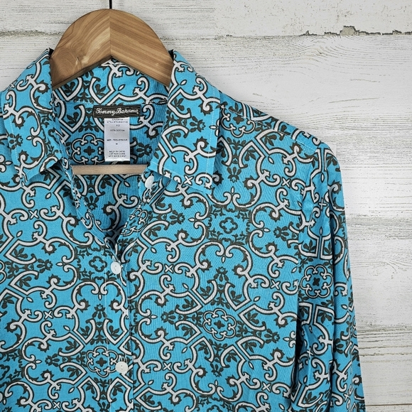 Tommy Bahama Turquoise Cotton Button Up Shirt Blue Boho Coastal Resortwear M - Picture 9 of 16